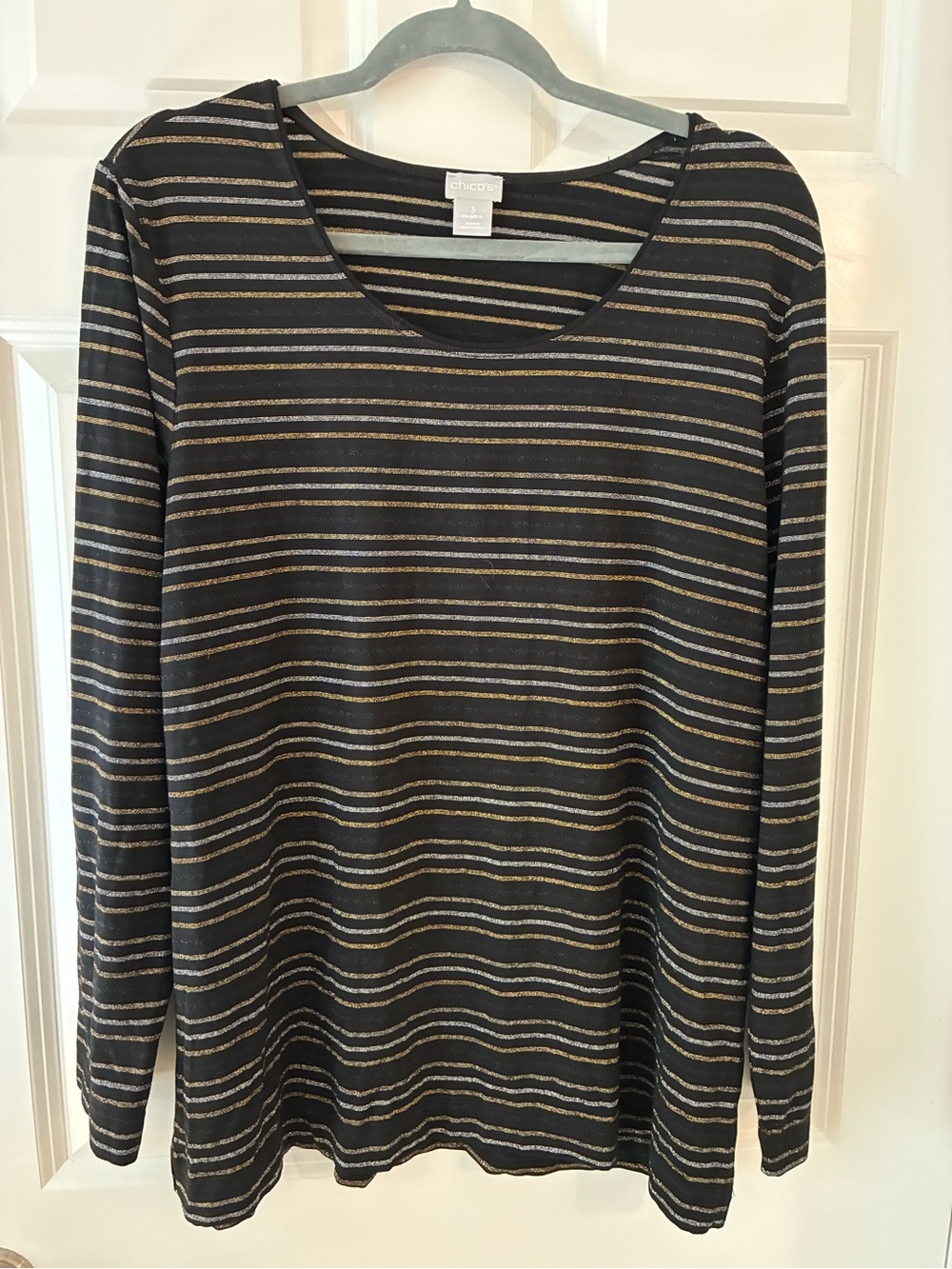 NEW! Chico's Black Knit Crewneck with Gold Stripes